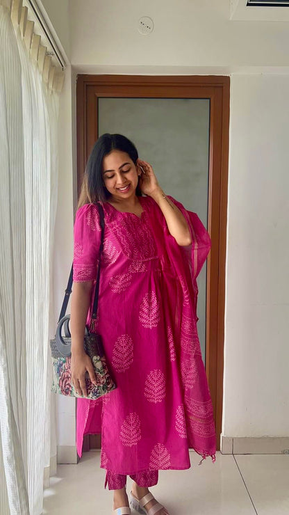 Pink Jaipur cotton kurta set with Kota Doria dupatta