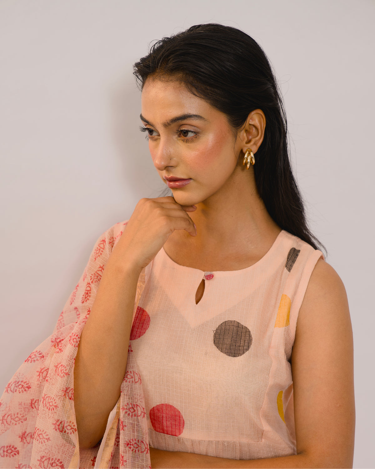 Peach Polka Dot Kota Cotton Kurta Set