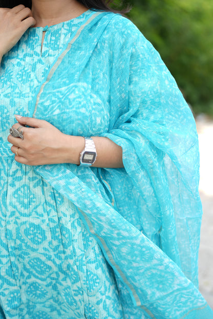 Turquoise Jaipur Hand Block Print Kandha Cotton Kurta Set