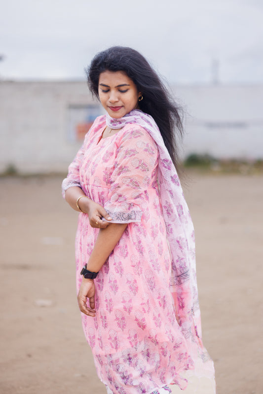 Candy pink and white Kota Jaipur cotton suit