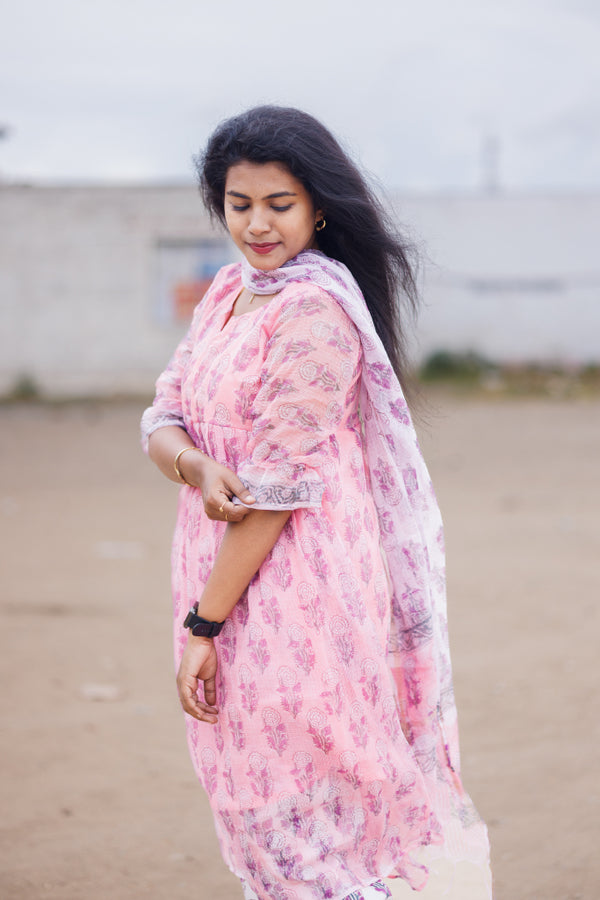 Candy pink and white Kota Jaipur cotton suit