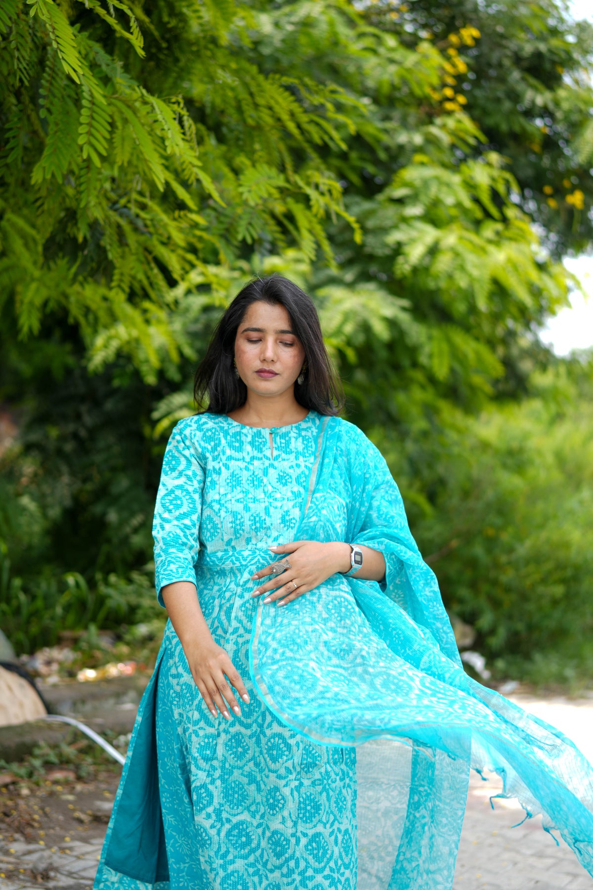 Turquoise Jaipur Hand Block Print Kandha Cotton Kurta Set
