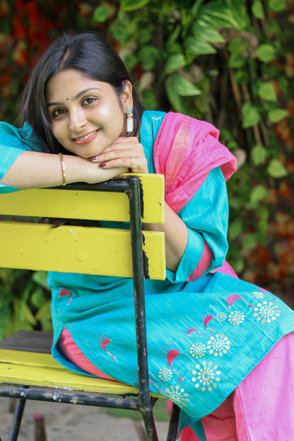 Pink and blue pure cotton handloom women kurta set