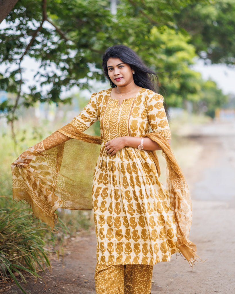Women mustard Jaipur cotton kurta suit with Kota dupatta