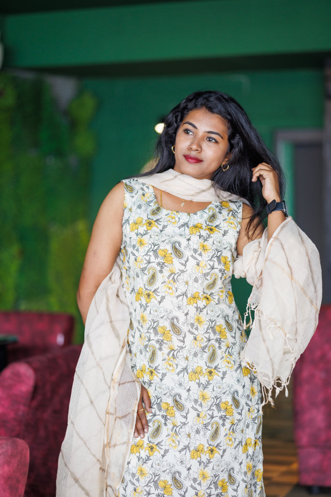 Cream floral kota dupatta Jaipur cotton kurta suit (sleeves attached)