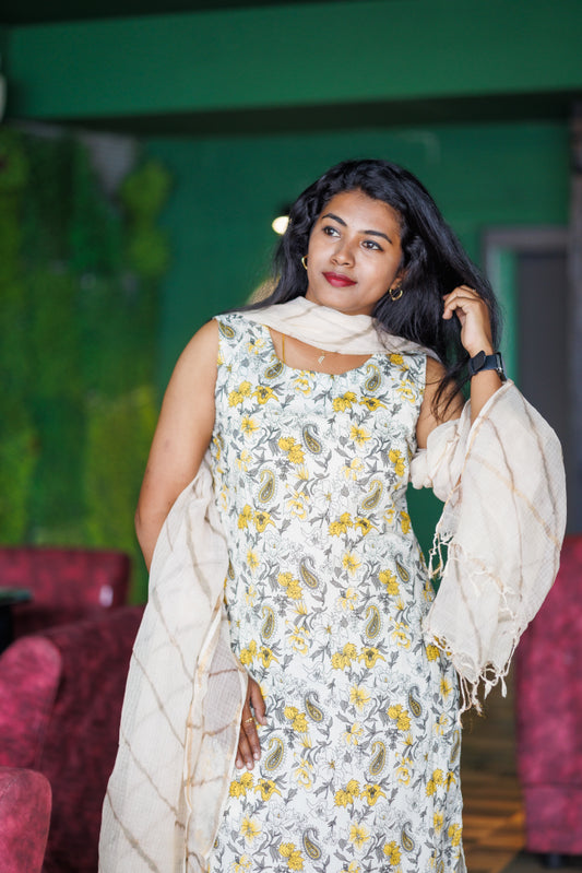 Cream floral kota dupatta Jaipur cotton kurta suit (sleeves attached)