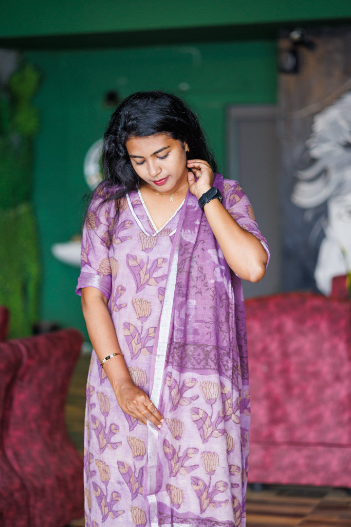 Women Mauve linen cotton kurta suit