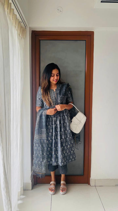 Grey Jaipur cotton kurta set with Kota doria dupatta