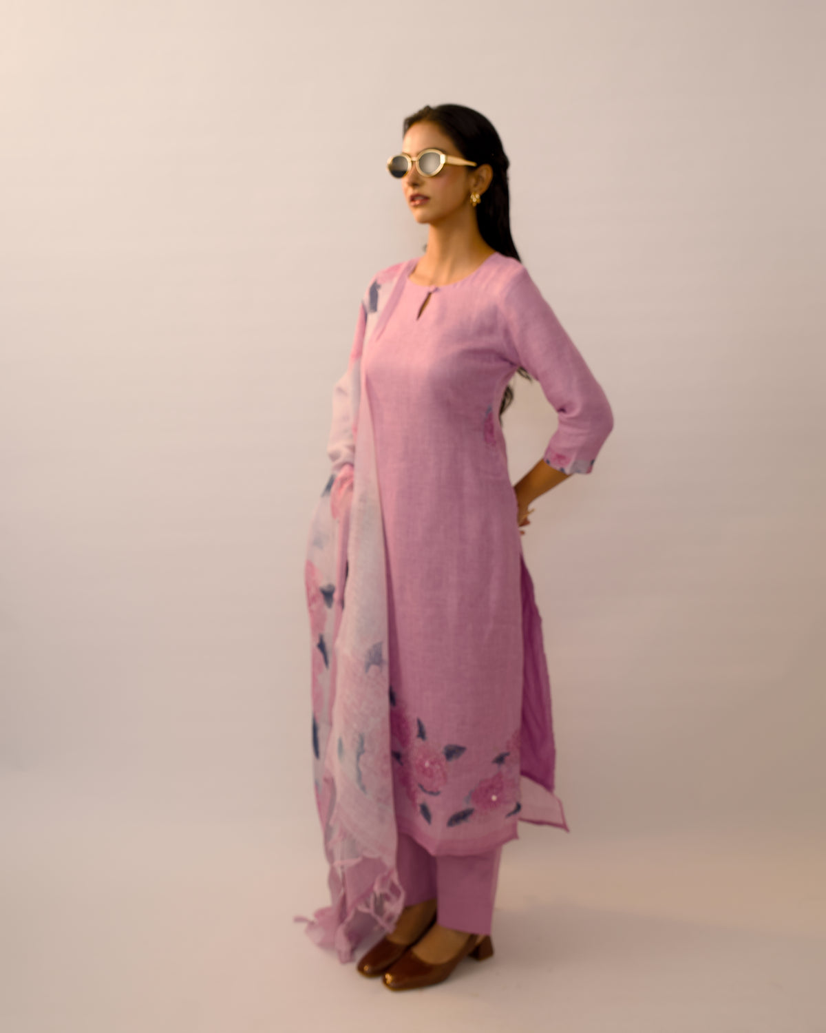 Wisteria Floral Hand-Embroidered Linen Kurta Set
