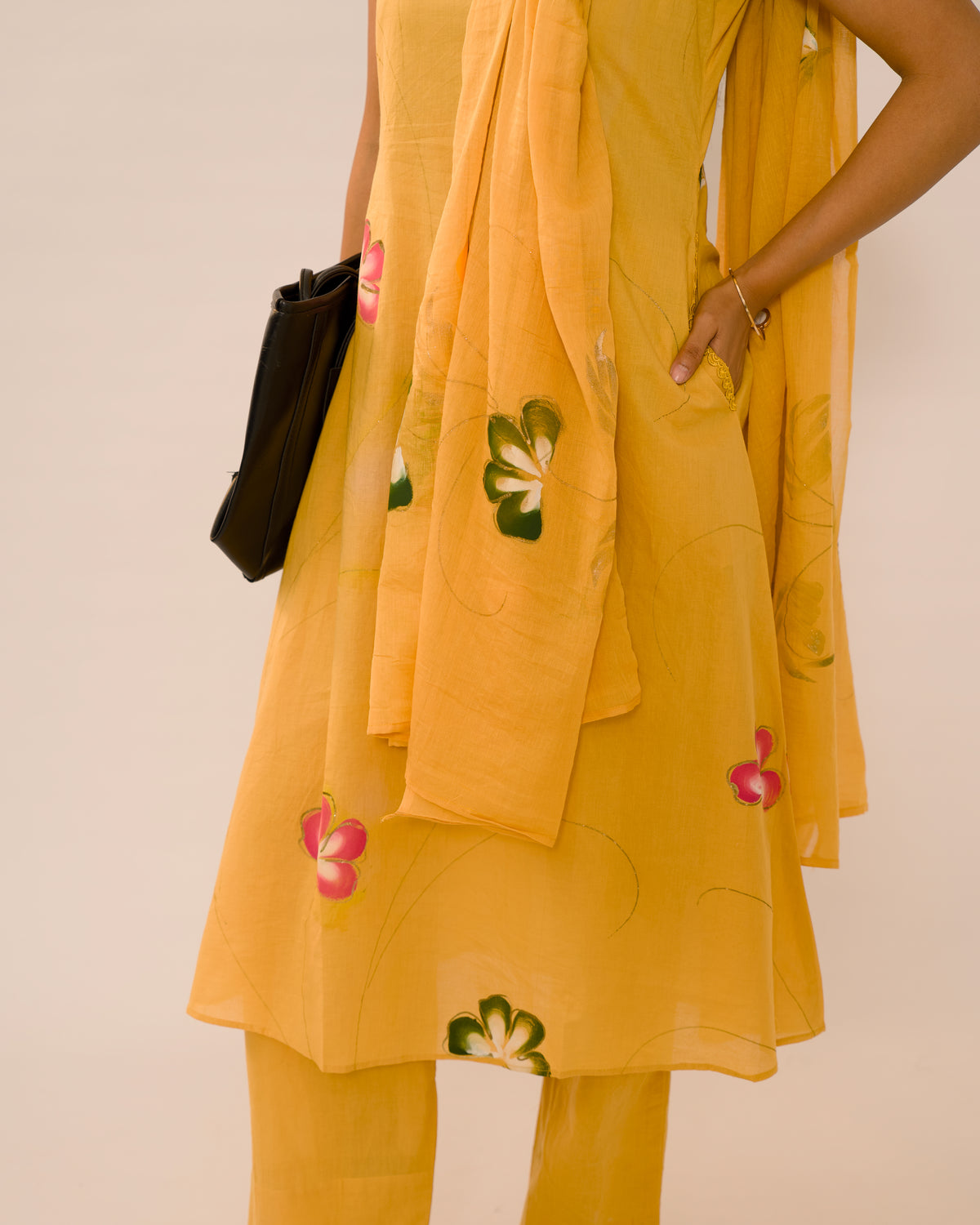 Marigold Floral Jaipur Cotton Kurta Set with dupatta