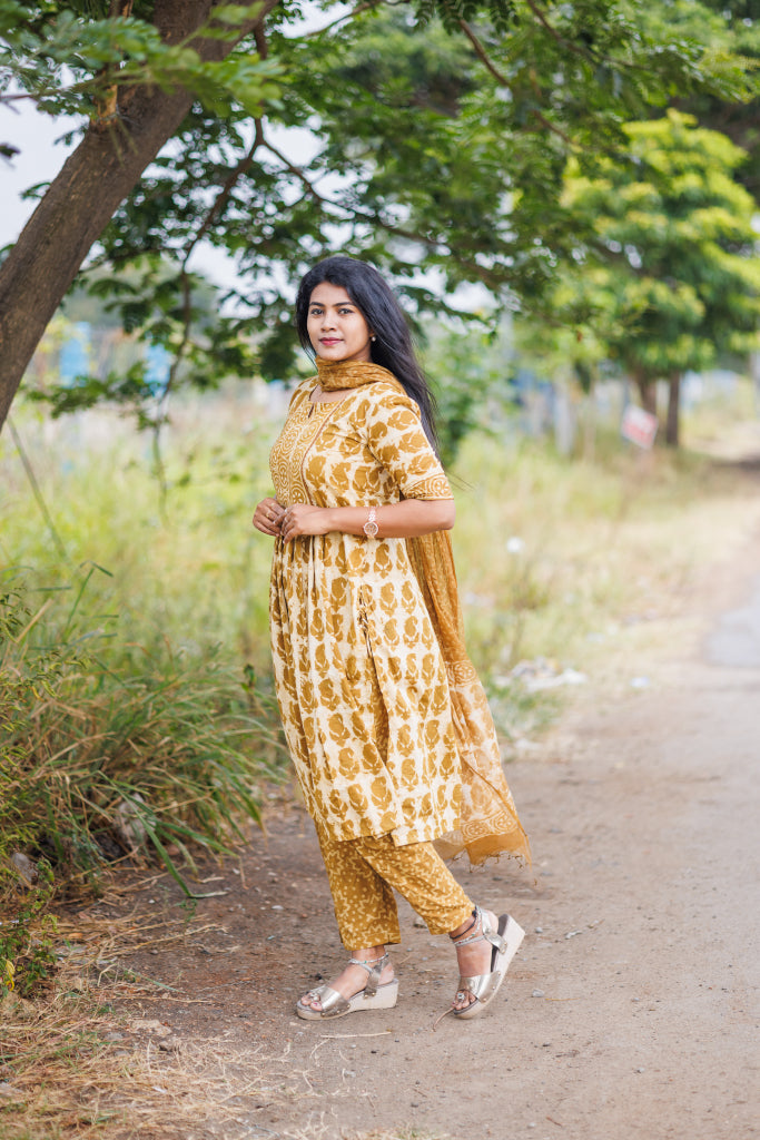 Women mustard Jaipur cotton kurta suit with Kota dupatta