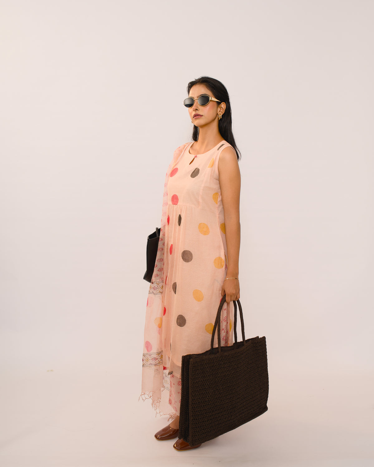 Peach Polka Dot Kota Cotton Kurta Set