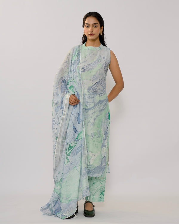 Pastel green marble print linen kurta set women (sleeves attached )