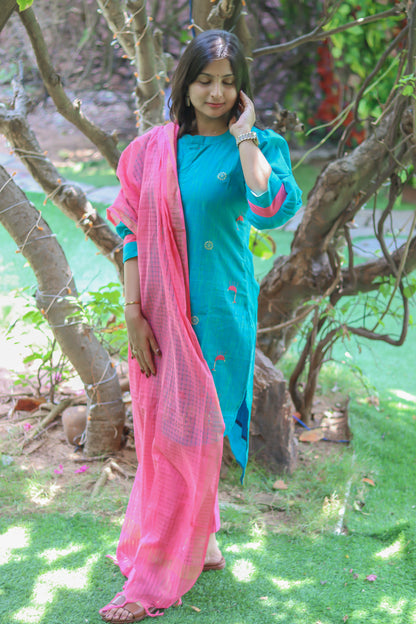 Pink and blue pure cotton handloom women kurta set