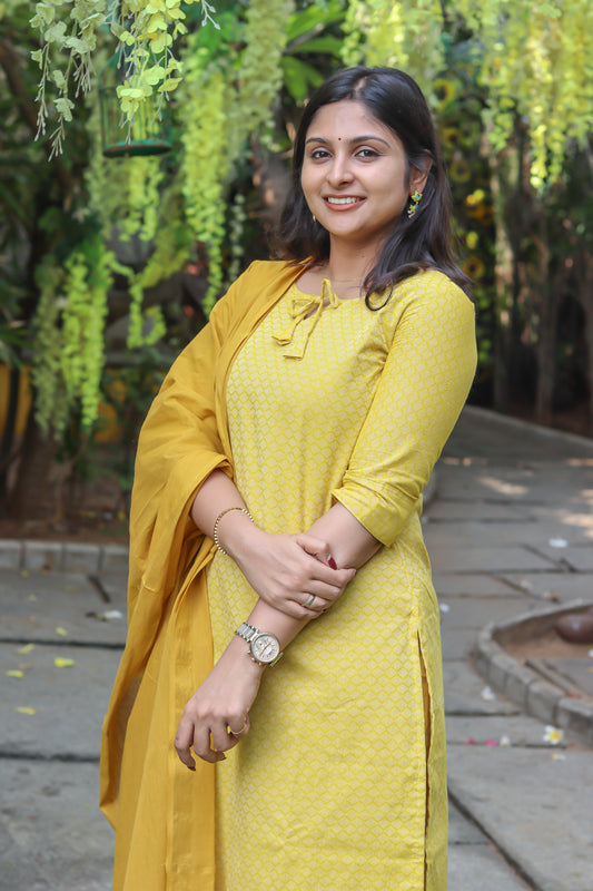 Mustard pure cotton handloom women kurta set