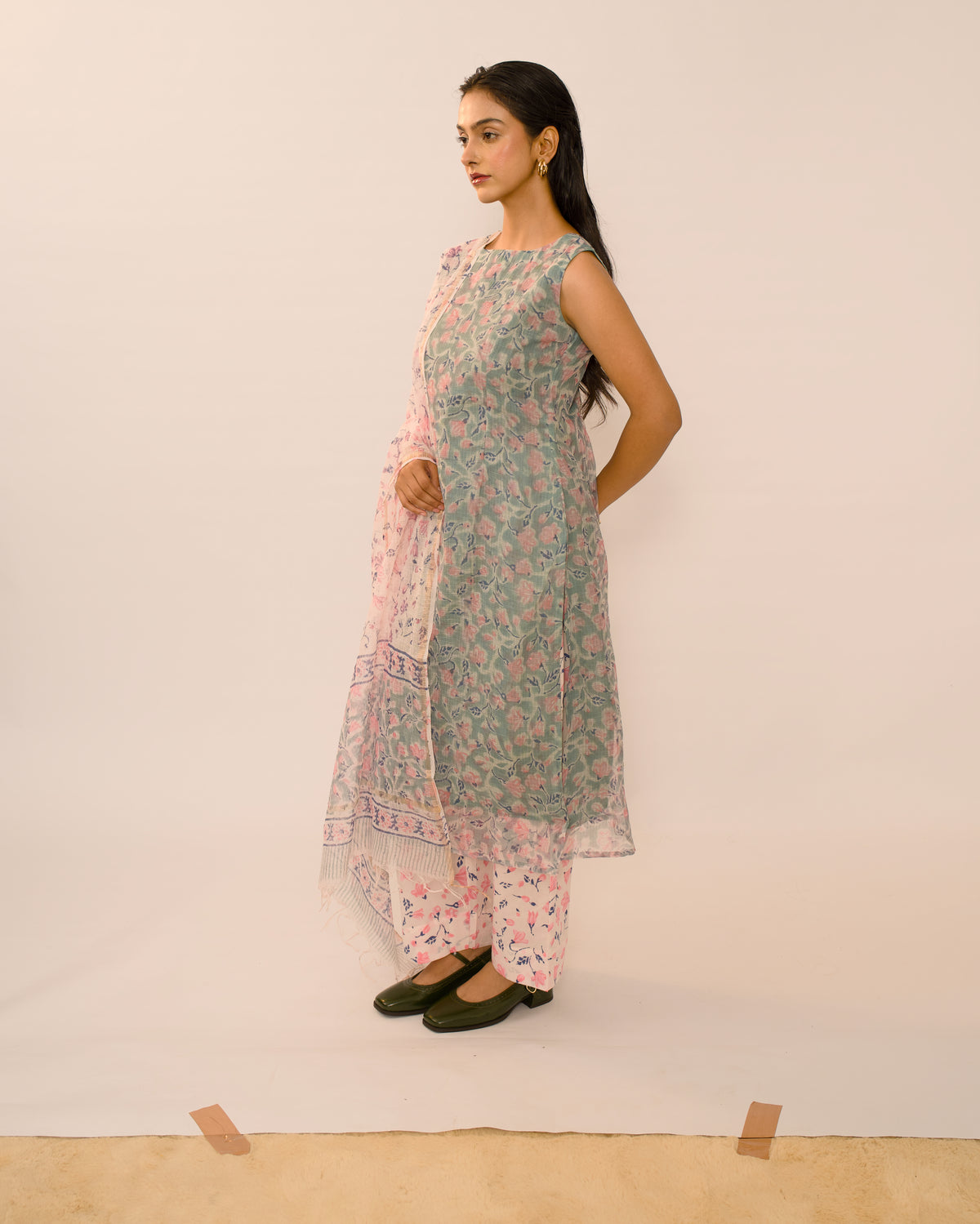 Mist Blue Floral Kota Cotton Kurta Set