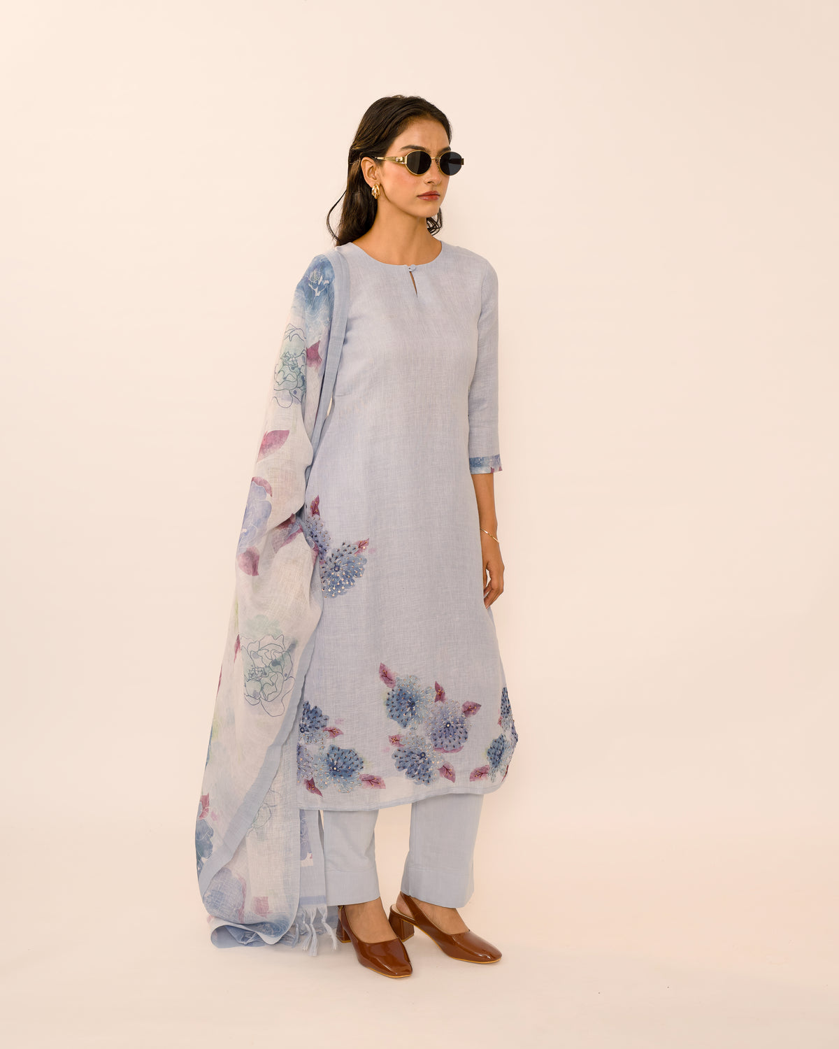 Blue Haze Hand-Embroidered Linen Kurta Set