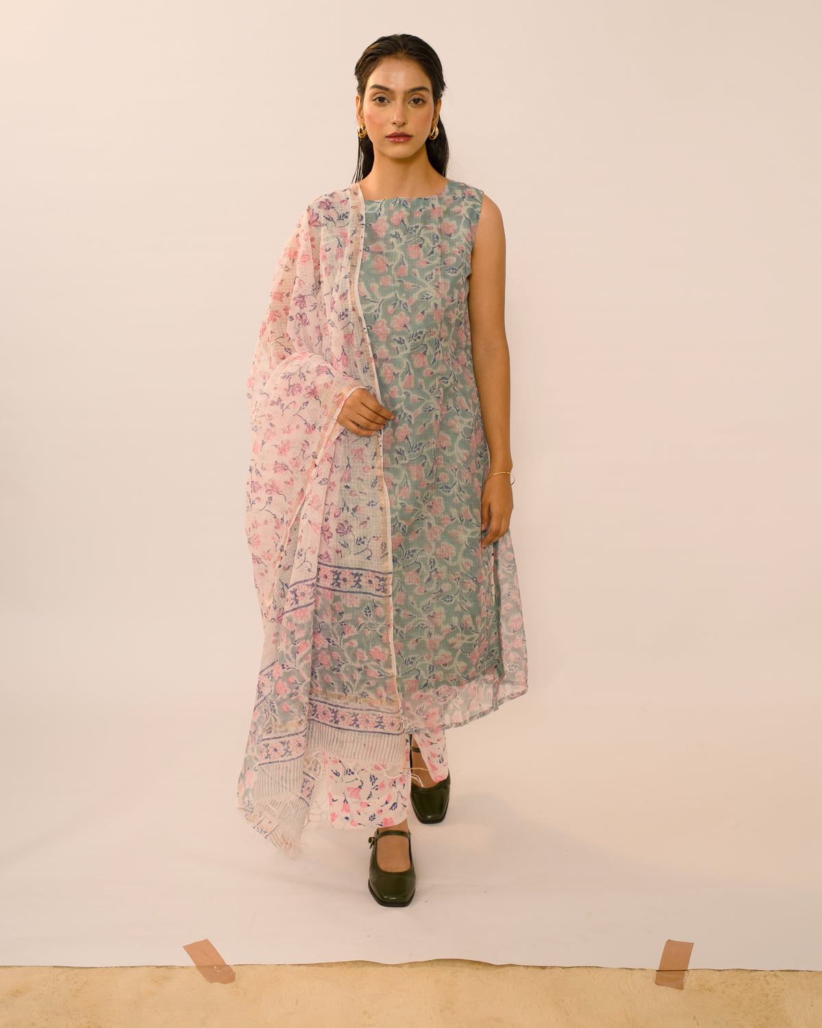 Mist Blue Floral Kota Cotton Kurta Set