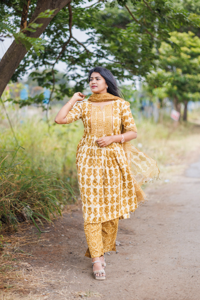 Women mustard Jaipur cotton kurta suit with Kota dupatta