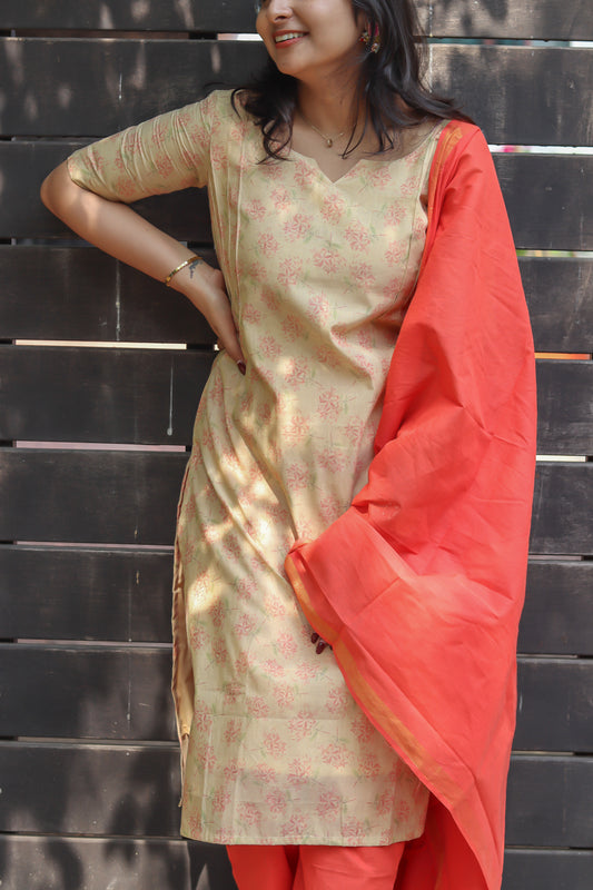 Orange and gold pure cotton tissue women kurta set