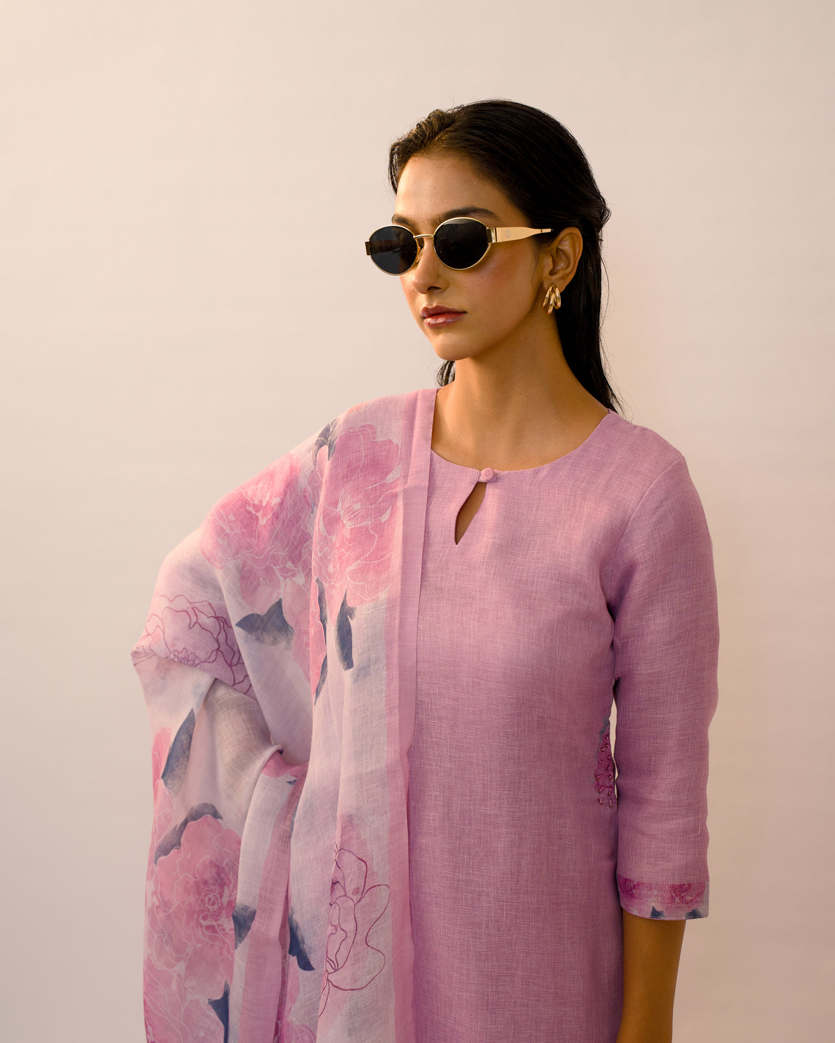 Wisteria Floral Hand-Embroidered Linen Kurta Set