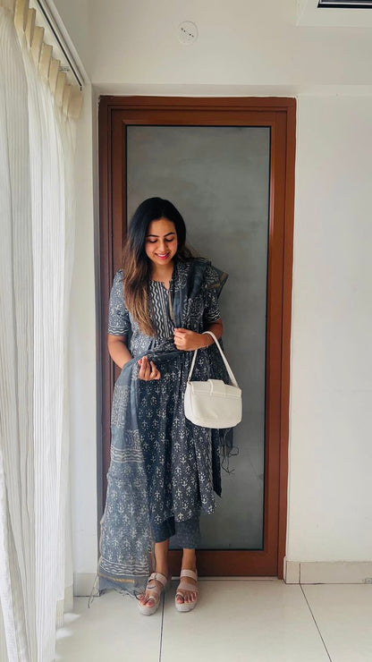 Grey Jaipur cotton kurta set with Kota doria dupatta