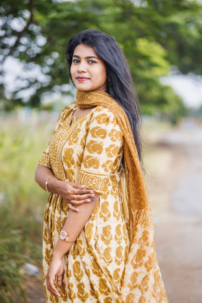 Women mustard Jaipur cotton kurta suit with Kota dupatta