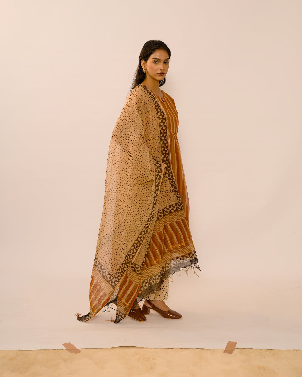Amber Stripe Kota Cotton Kurta Set with Kota Doria Dupatta