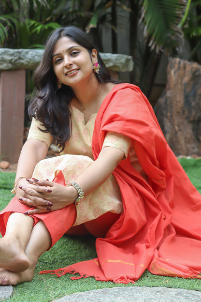 Orange and gold pure cotton tissue women kurta set