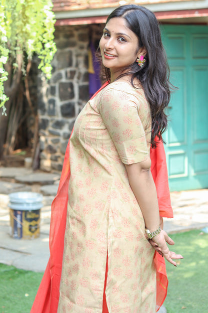 Orange and gold pure cotton tissue women kurta set