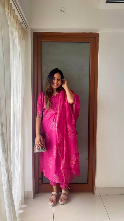 Pink Jaipur cotton kurta set with Kota Doria dupatta