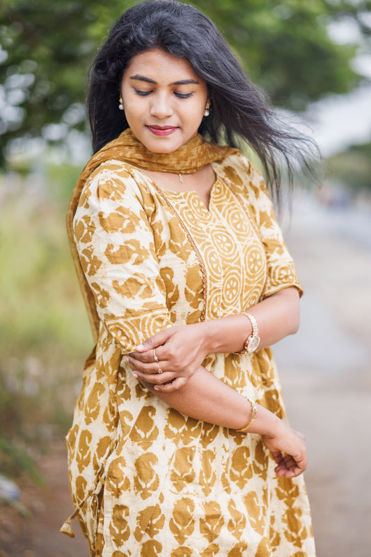 Women mustard Jaipur cotton kurta suit with Kota dupatta