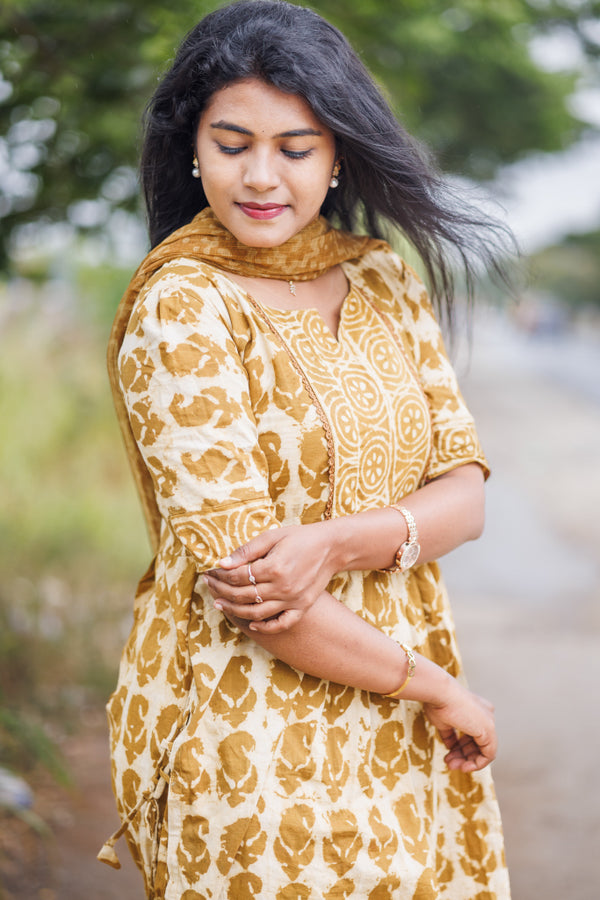 Women mustard Jaipur cotton kurta suit with Kota dupatta