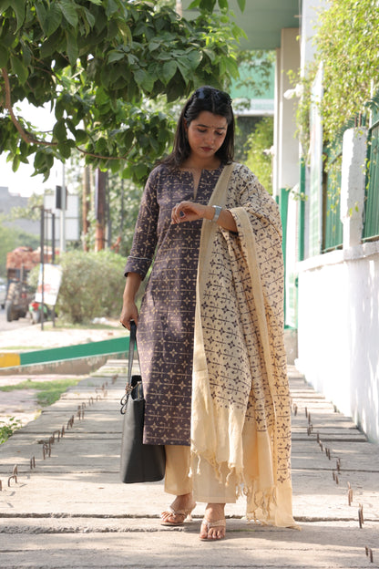 Dark grey & cream pure cotton printed handloom women kurta set