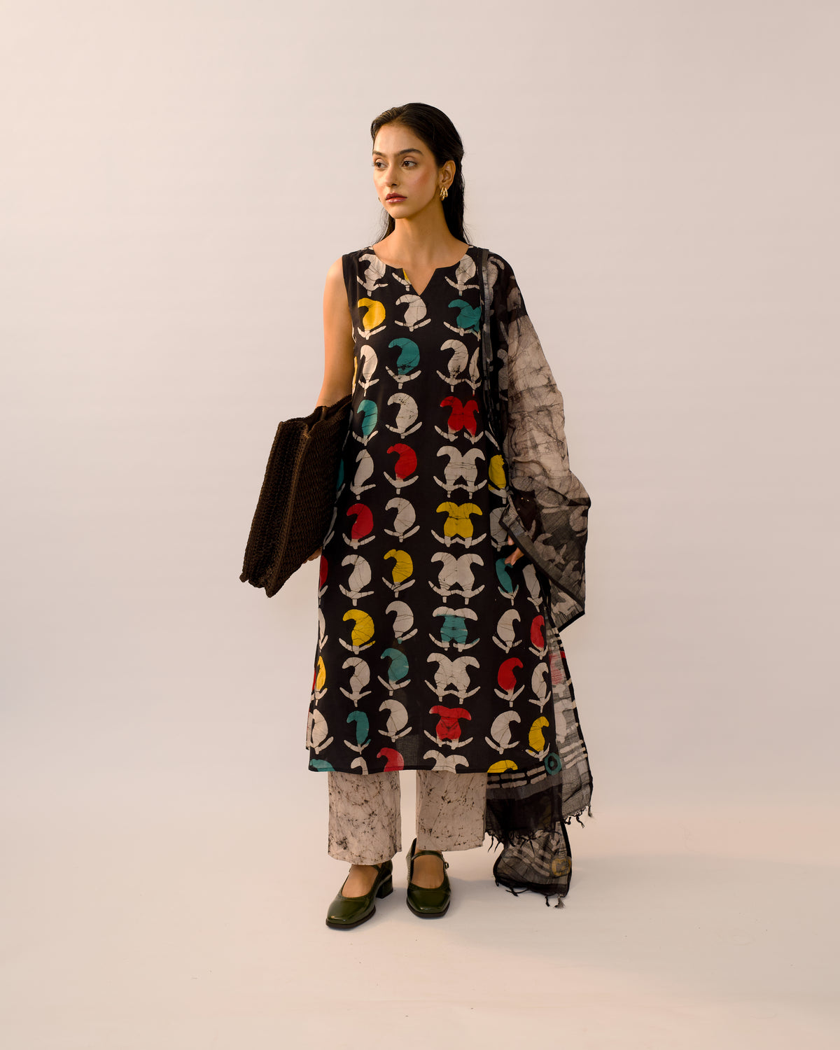 Black handblock Jaipur Cotton Kurta Set with Linen Dupatta