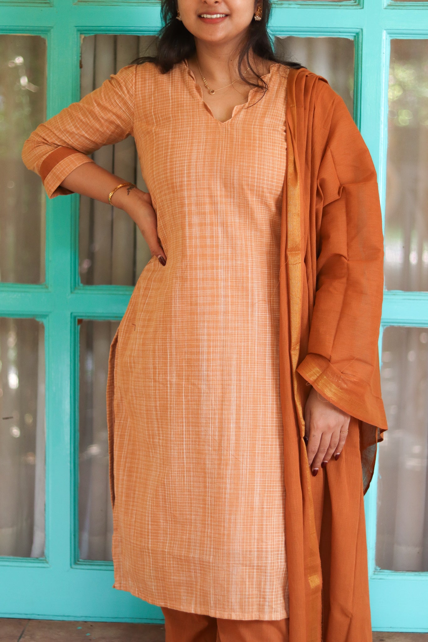 Biscuit brown pure cotton handloom women kurta set