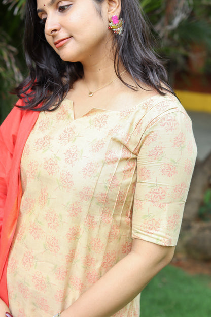 Orange and gold pure cotton tissue women kurta set