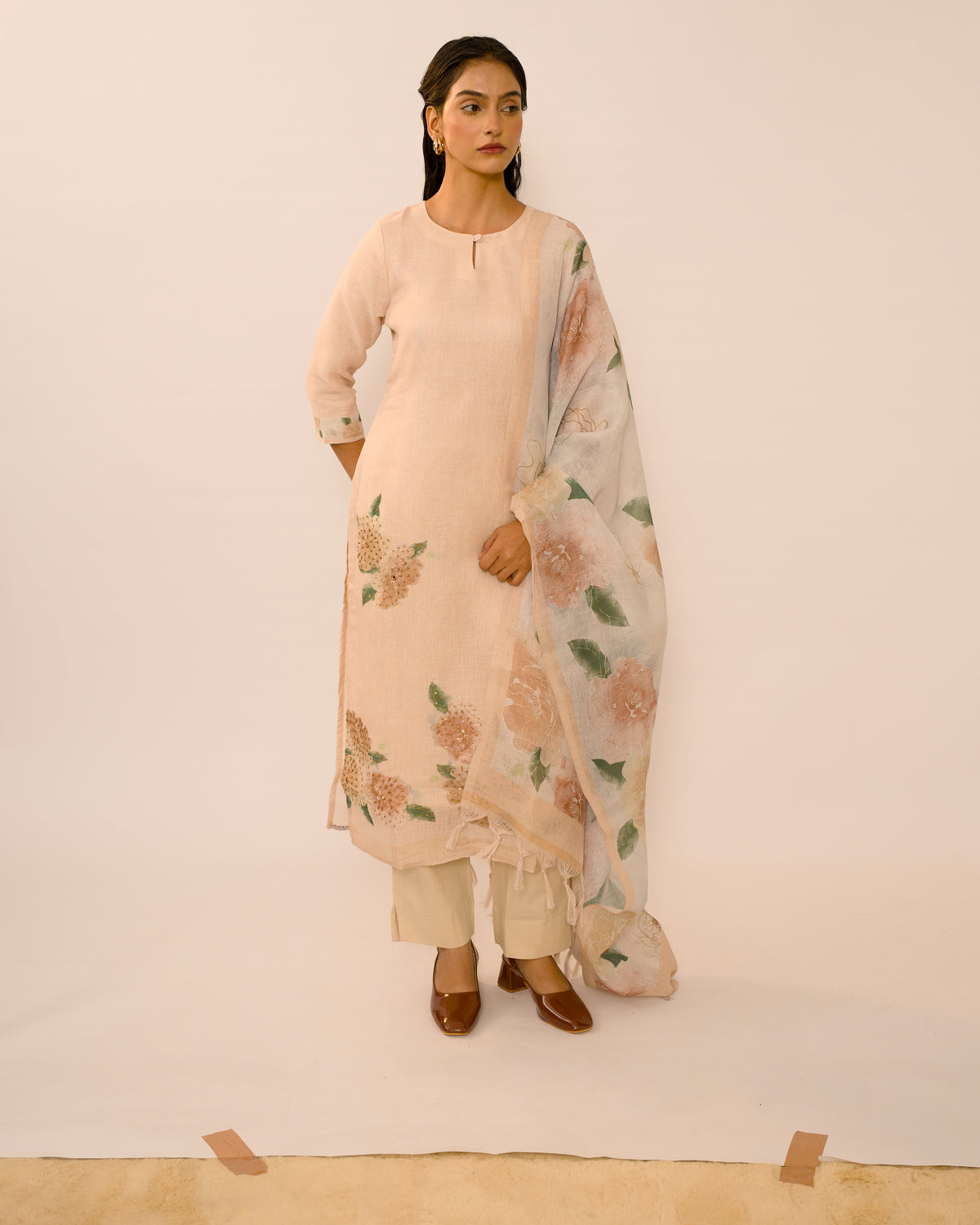 Sand Floral Hand-Embroidered Linen cotton Kurta Set