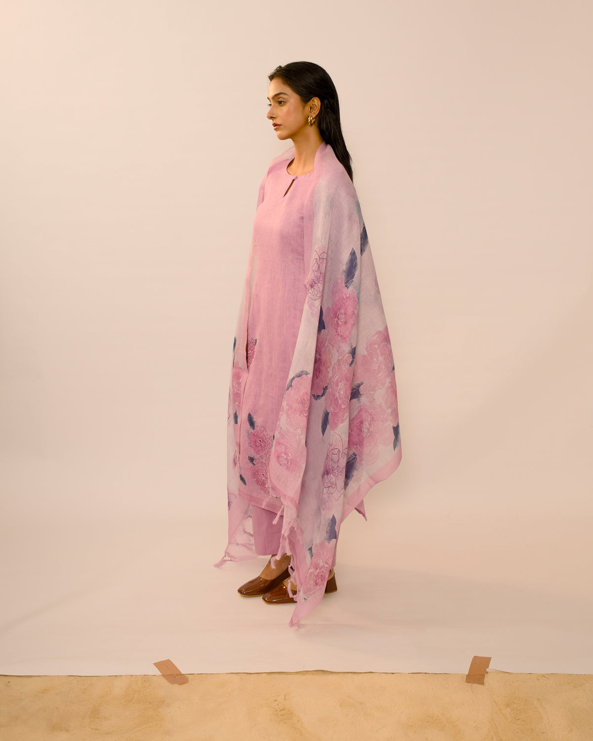 Wisteria Floral Hand-Embroidered Linen Kurta Set