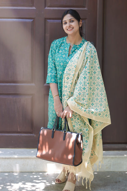 Green & cream pure cotton printed handloom women kurta set