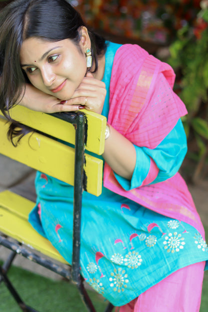 Pink and blue pure cotton handloom women kurta set