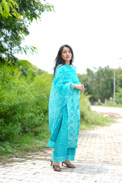 Turquoise Jaipur Hand Block Print Kandha Cotton Kurta Set