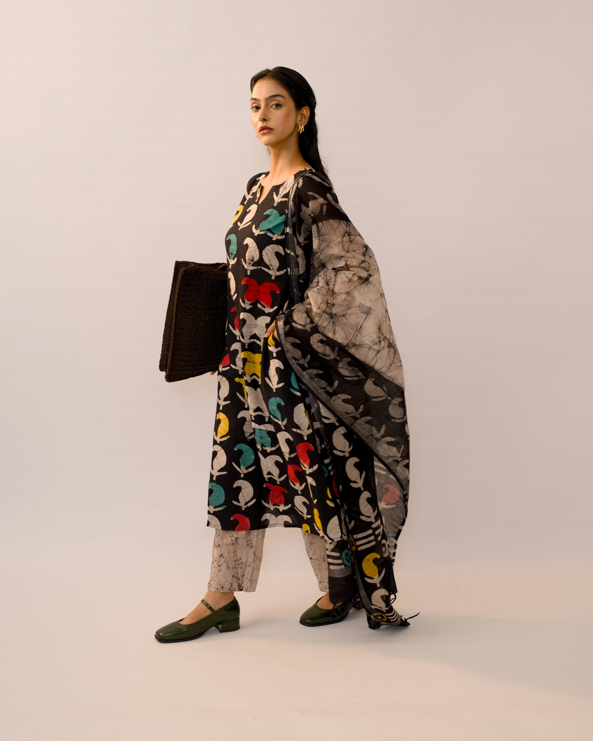 Black handblock Jaipur Cotton Kurta Set with Linen Dupatta