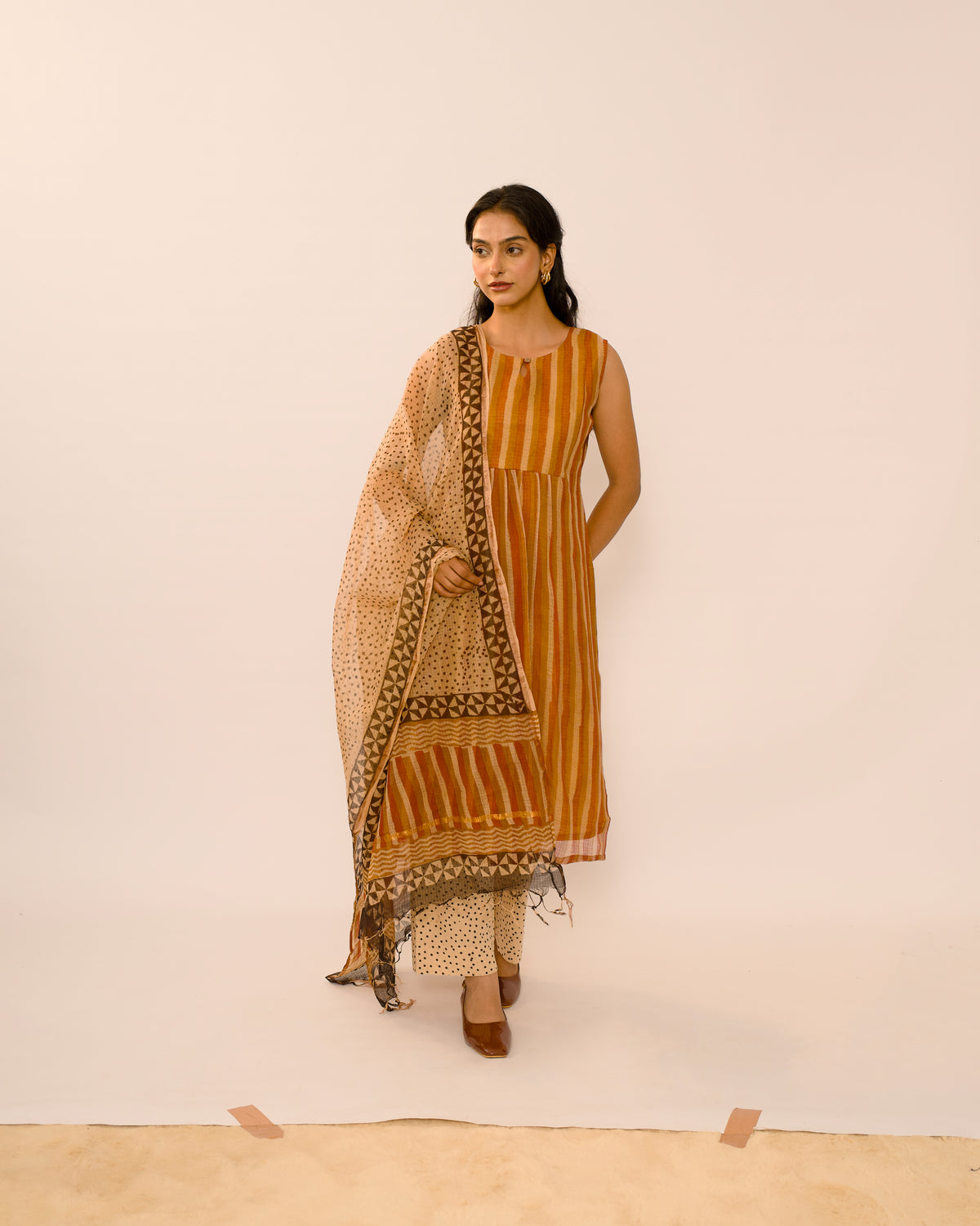 Amber Stripe Kota Cotton Kurta Set with Kota Doria Dupatta