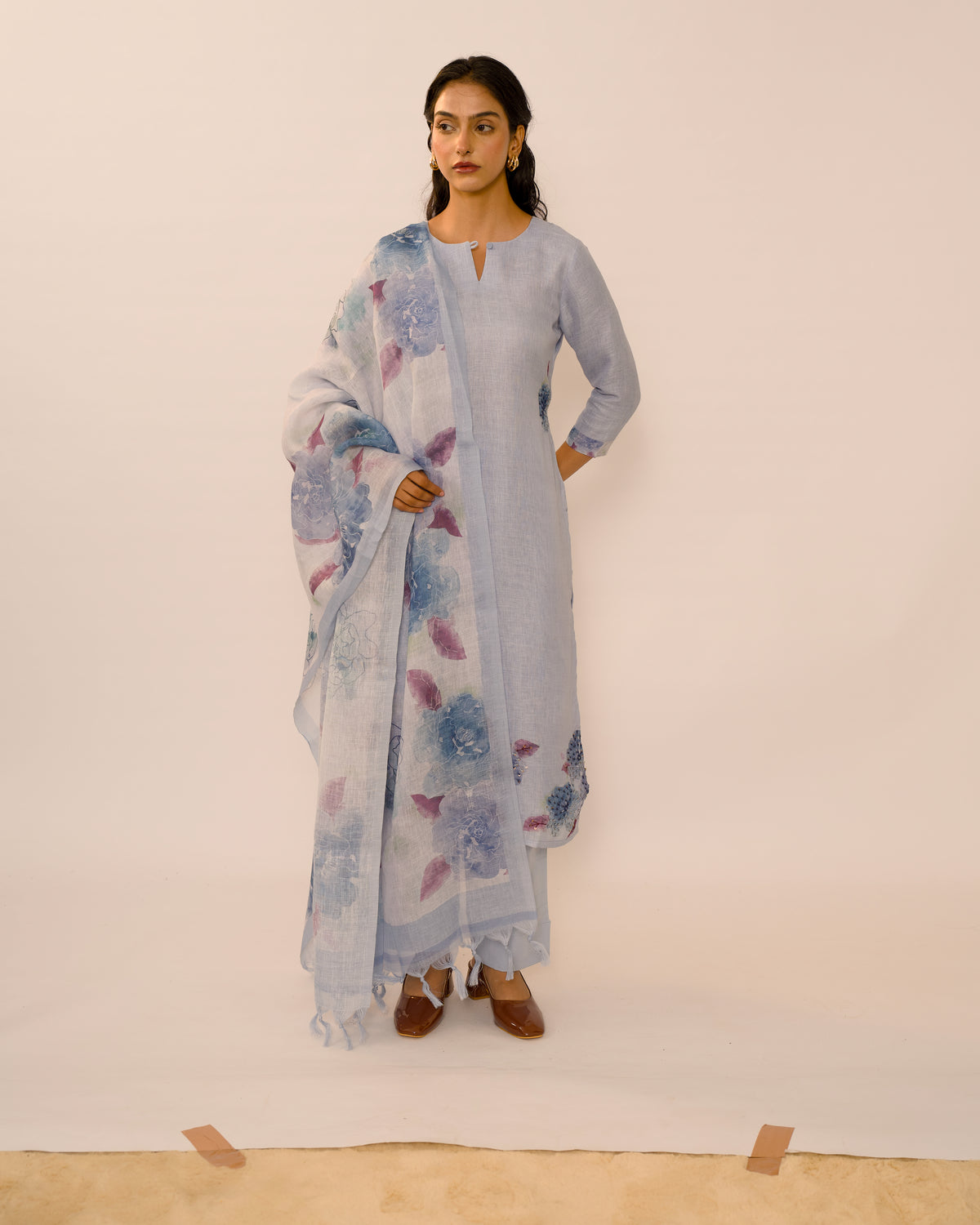 Blue Haze Hand-Embroidered Linen Kurta Set