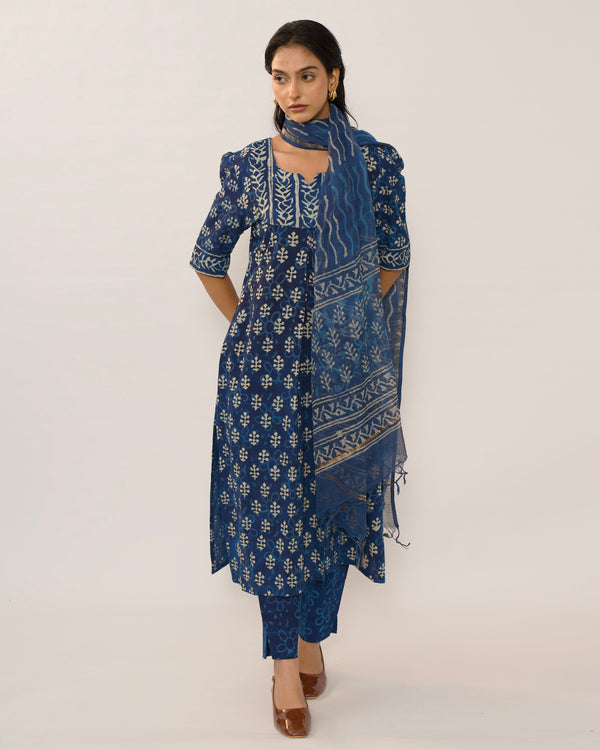 Navy blue Jaipur cotton kurta set with Kota Doria dupatta