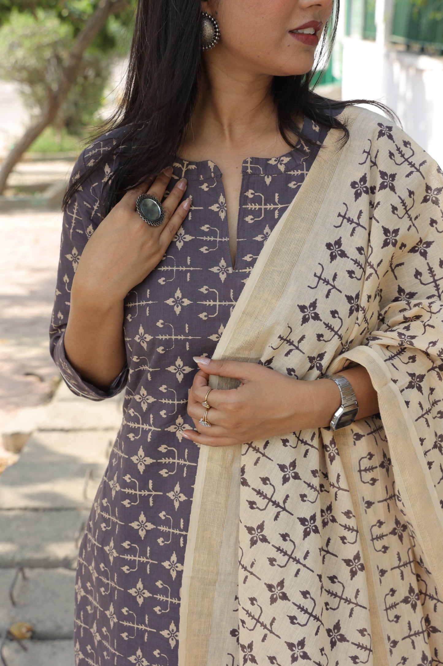 Dark grey & cream pure cotton printed handloom women kurta set