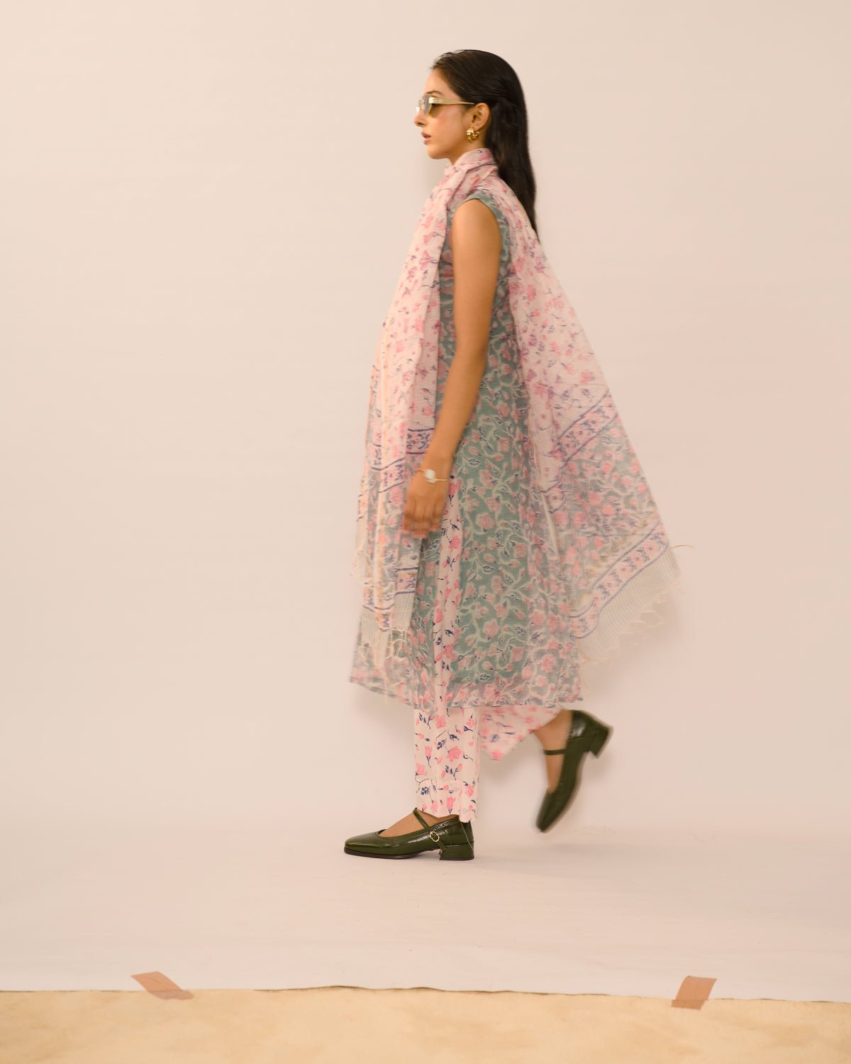 Mist Blue Floral Kota Cotton Kurta Set