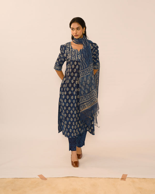 Navy blue Jaipur cotton kurta set with Kota Doria dupatta