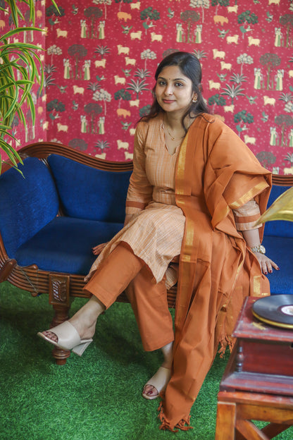 Biscuit brown pure cotton handloom women kurta set